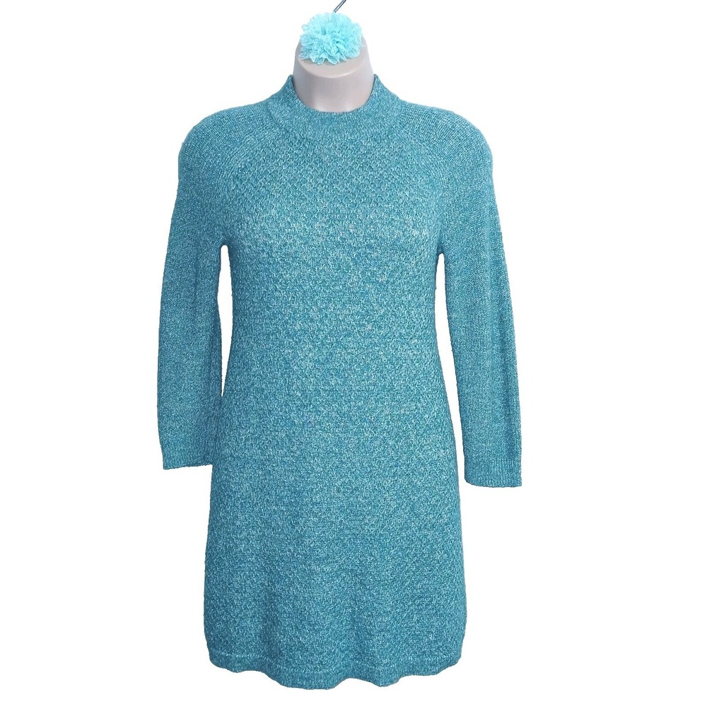 Talbots Wool Cotton Blend Women Sweater Dress Medium Teal Green Raglan Mock Neck